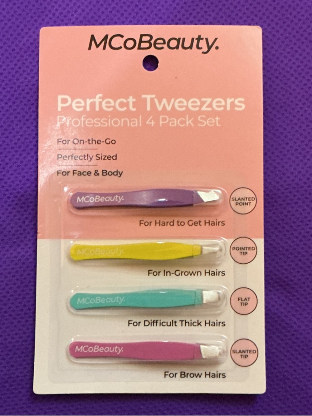 MCoBeauty Perfect Tweezers 4-Pack - Purple, Yellow, Teal, Pink
